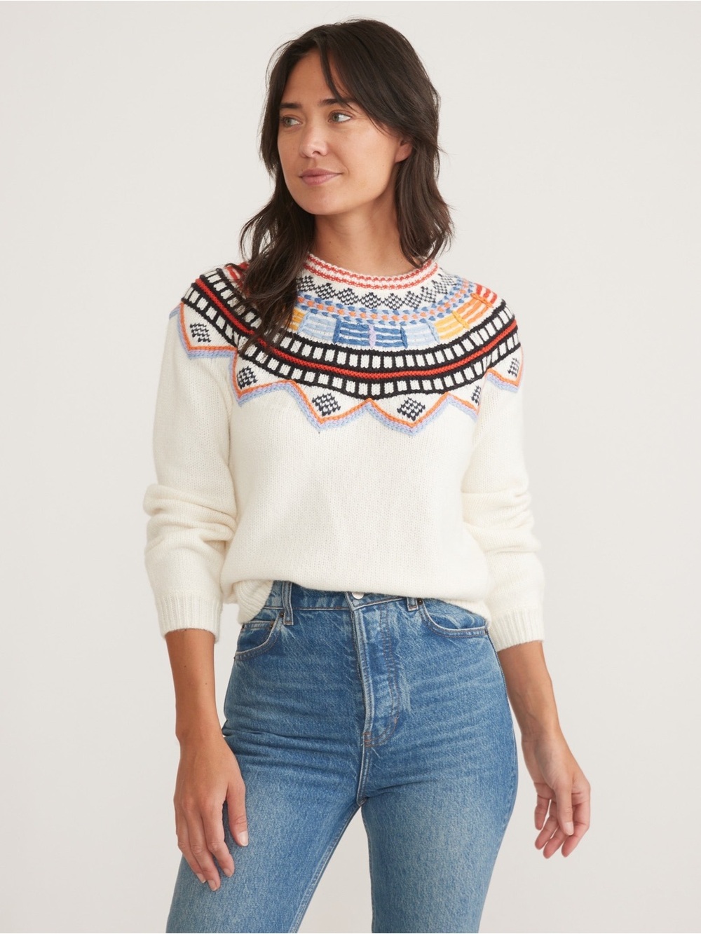 Marine Layer Cream Fair Isle Yoke Crewneck Sweater